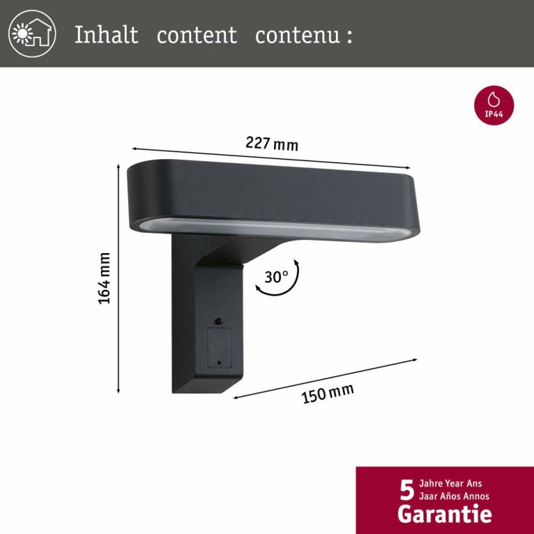 Paulmann LED Außenwandleuchte Ito anthrazit mit Bewegungsmelder Horizontale Ausrichtung drehbar IP44 450lm 3000K 230V (LED fest verbaut)