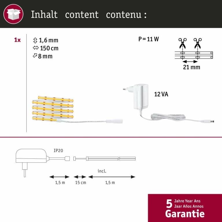 Paulmann SimpLED LED Strip Full-Line COB Basisset 1,5m   7W 750lm 384LEDs/m 3000K 12VA