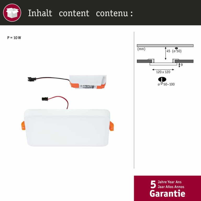 Paulmann VariFit LED Einbaupanel Veluna Edge IP44 eckig 120x120mm 650lm 4000K Weiß