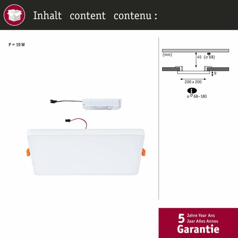 Paulmann VariFit LED Einbaupanel Veluna Edge IP44 eckig 200x200mm 1500lm 3000K Weiß dimmbar