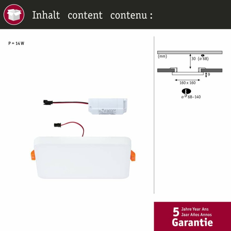 Paulmann VariFit LED Einbaupanel Veluna Edge IP44 eckig 160x160mm 1100lm 4000K Weiß dimmbar