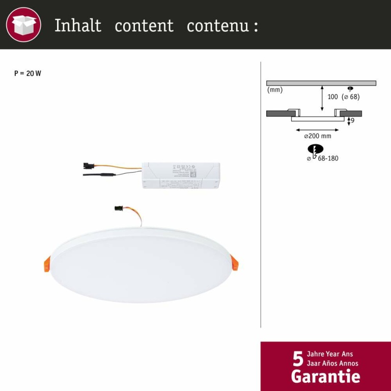 Paulmann VariFit LED Einbaupanel Veluna Edge IP44 rund 200mm 1400lm Tunable White Weiß dimmbar