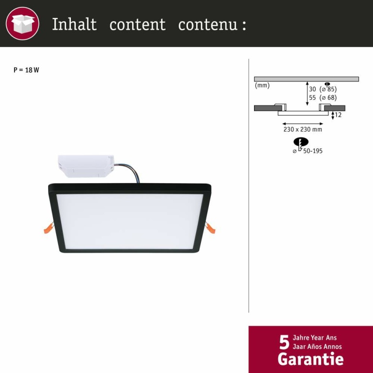 Paulmann VariFit LED Einbaupanel Smart Home Zigbee Areo IP44 eckig 230x230mm Tunable White Schwarz dimmbar