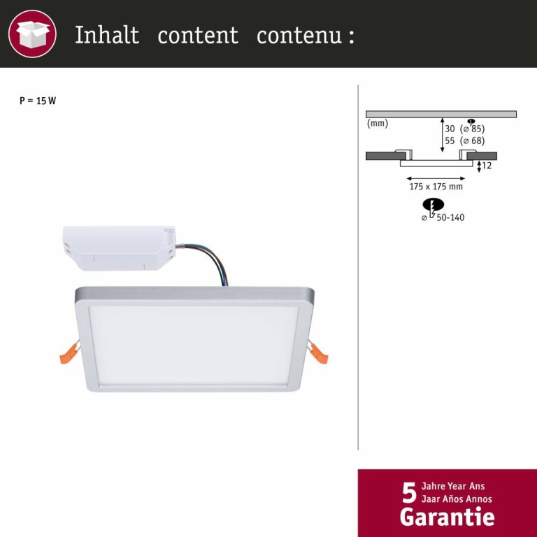 Paulmann VariFit LED Einbaupanel Dim to Warm Areo IP44 eckig 175x175mm 2000 - 4000K Chrom matt dimmbar