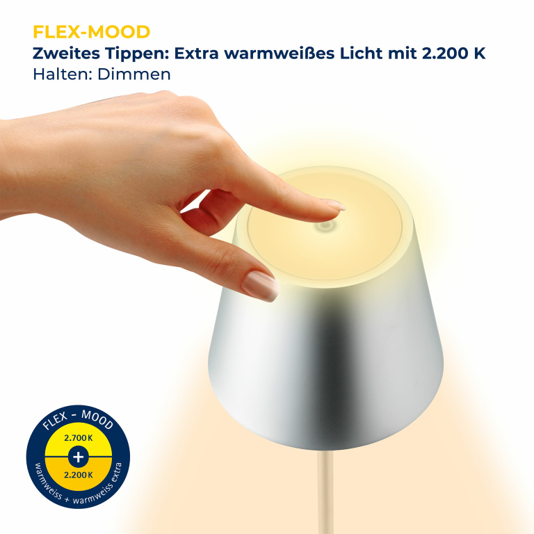 SIGOR Sigor Nuindie Akku-Tischleuchte mini silber LED rund 250mm IP54 dimmbar Flex-Mood Easy-Connect