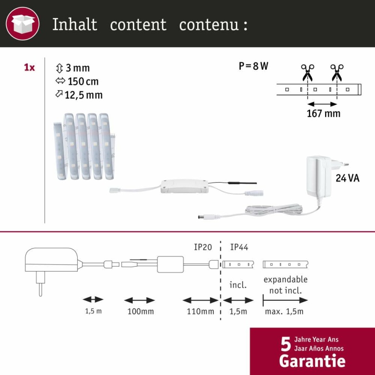 Paulmann MaxLED 250 LED Strip Smart Home Zigbee Tunable White beschichtet Basisset  1,5m  IP44 6W 405lm 30LEDs/m Tunable White 24VA