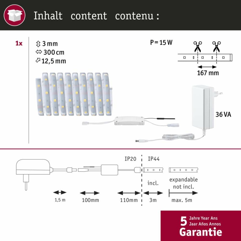 Paulmann MaxLED 250 LED Strip Smart Home Zigbee Tunable White beschichtet Basisset  3m  IP44 12W 810lm 30LEDs/m Tunable White 36VA