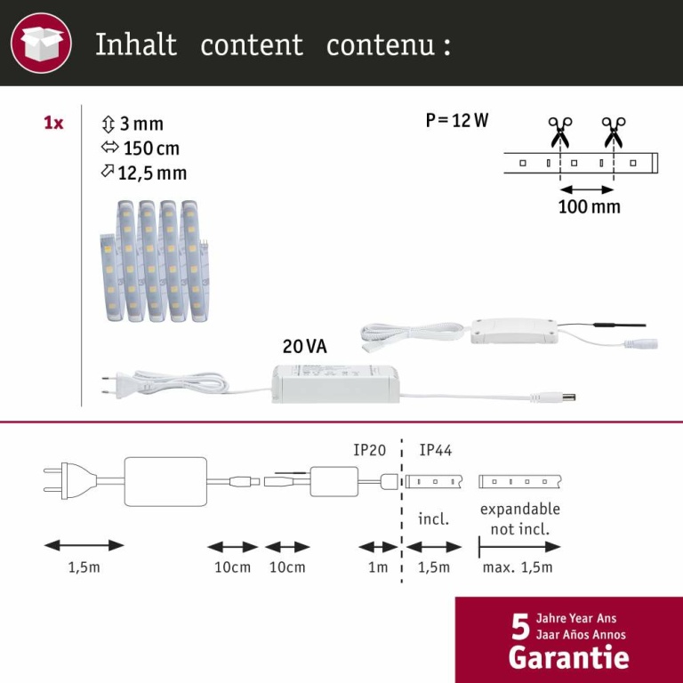 Paulmann MaxLED 500 LED Strip Smart Home Zigbee Tunable White beschichtet Basisset  1,5m  IP44 9W 825lm 60LEDs/m Tunable White 20VA