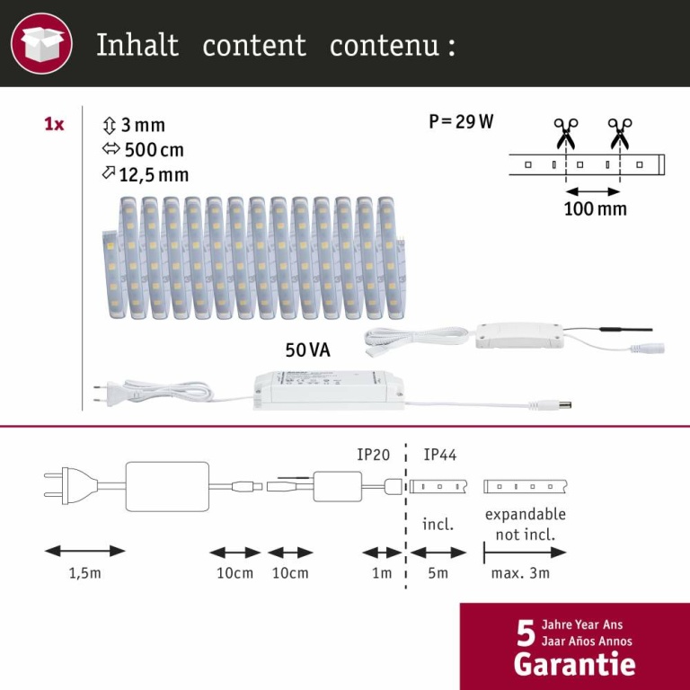 Paulmann MaxLED 500 LED Strip Smart Home Zigbee Tunable White beschichtet Basisset  5m  IP44 26W 2750lm 60LEDs/m Tunable White 50VA