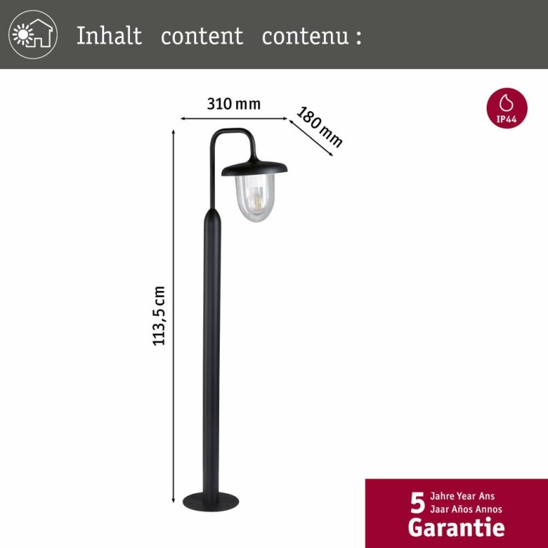 Paulmann Pollerleuchte Vintario  seewasserresistent IP44 rund 1.135mm  max. 20W  230V  Anthrazit E27 Aluminium