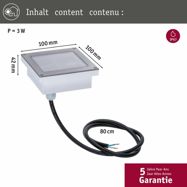 Paulmann LED Bodeneinbauleuchte Smart Home Zigbee Brick  insektenfreundlich IP67 eckig  2200 - 3000K 1W 18lm 230V Edelstahl Edelstahl