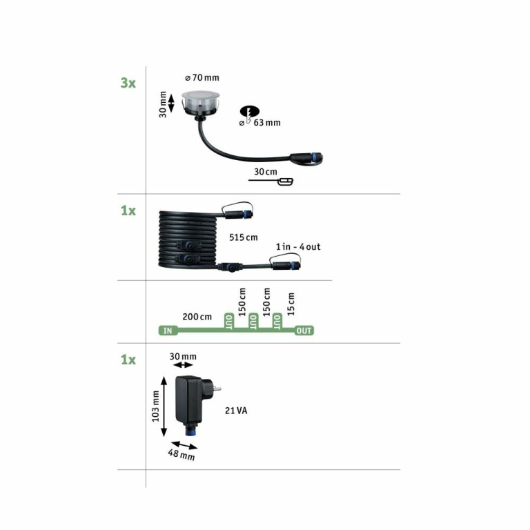 Paulmann Plug & Shine LED Bodeneinbauleuchte Floor Basisset  IP67 2200K 3x2W  21VA Silber