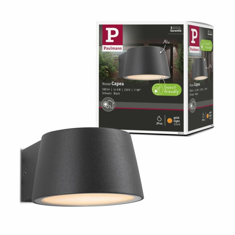 Paulmann LED Außenwandleuchte Capea  insektenfreundlich IP44  96x128mm 2200K 6W 550lm 230V 98° Schwarz Aluminium