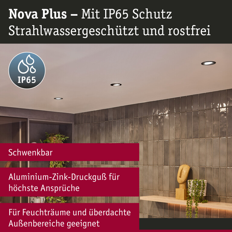 Paulmann Einbauleuchte Nova Plus GU5,3 / GU10 max. 35W rund IP65 Schwarz matt schwenkbar dimmbar 230/12V