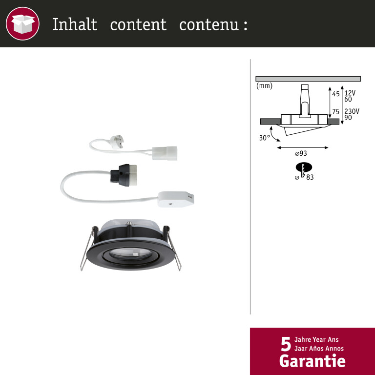 Paulmann Einbauleuchte Nova Plus GU5,3 / GU10 max. 35W rund IP65 Schwarz matt schwenkbar dimmbar 230/12V