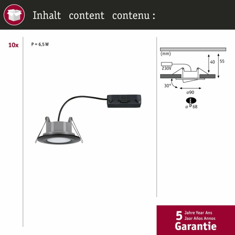 Paulmann HomeSpa LED Einbauleuchte Calla Basisset schwenkbar IP65 rund 90mm 30°  10x6W 10x500lm 230V  4000K Schwarz matt