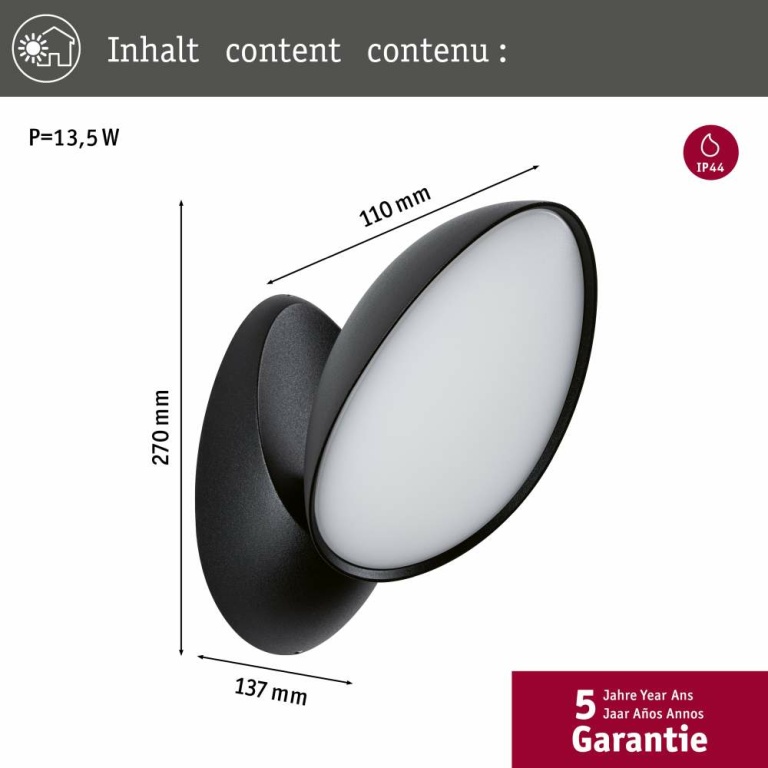 Paulmann LED Außenwandleuchte Batona   IP44  137x110mm 3000K 12W 1000lm 230V  Anthrazit Aluminium