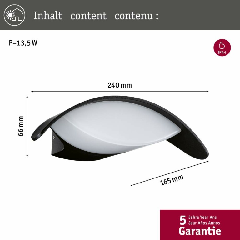 Paulmann LED Außenwandleuchte Mesana   IP44  240x165mm 3000K 12W 800lm 230V  Anthrazit Aluminium