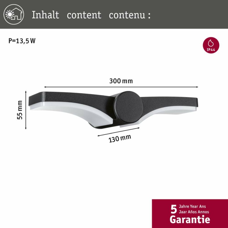 Paulmann LED Außenwandleuchte Pekana   IP44  300x130mm 3000K 2x6W 2x480lm 230V  Anthrazit Aluminium