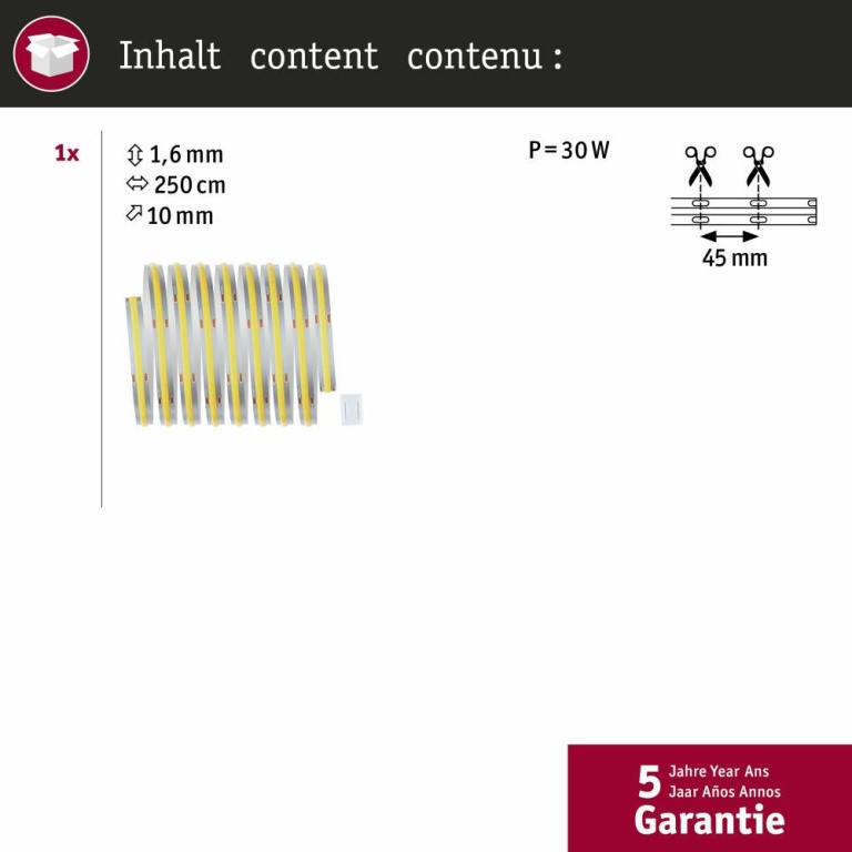 Paulmann MaxLED 1000 LED Strip Full-Line COB Einzelstripe  2,5m   30W 640lm/m 528LEDs/m 6500K