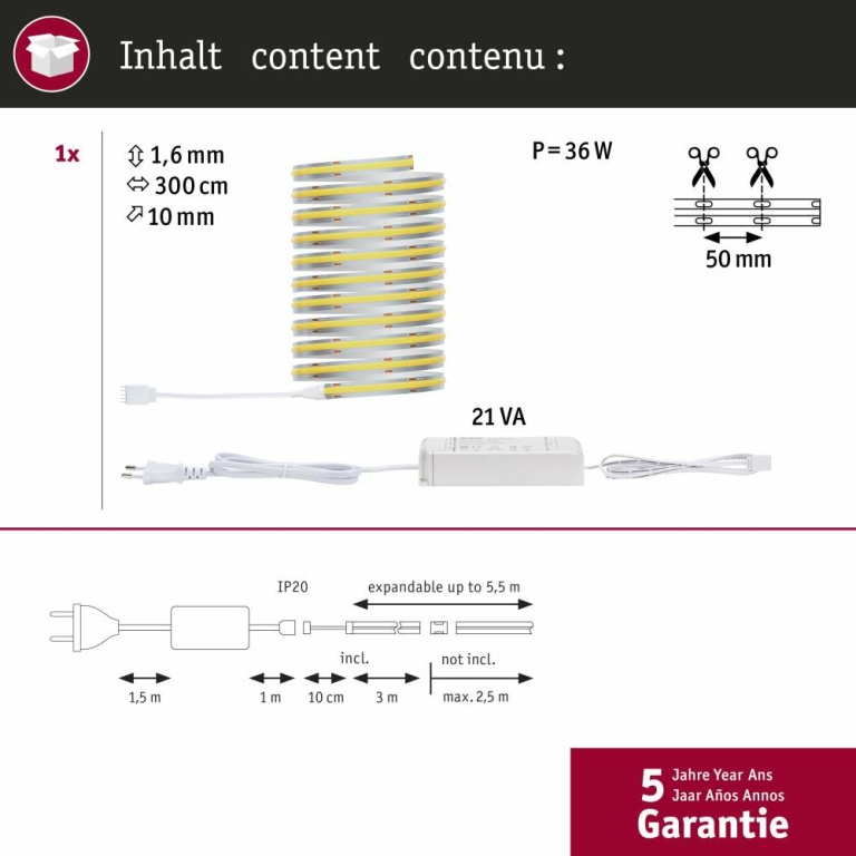 Paulmann MaxLED 500 LED Strip Full-Line COB Basisset  3m   19W 600lm/m 480LEDs/m 6500K 36VA