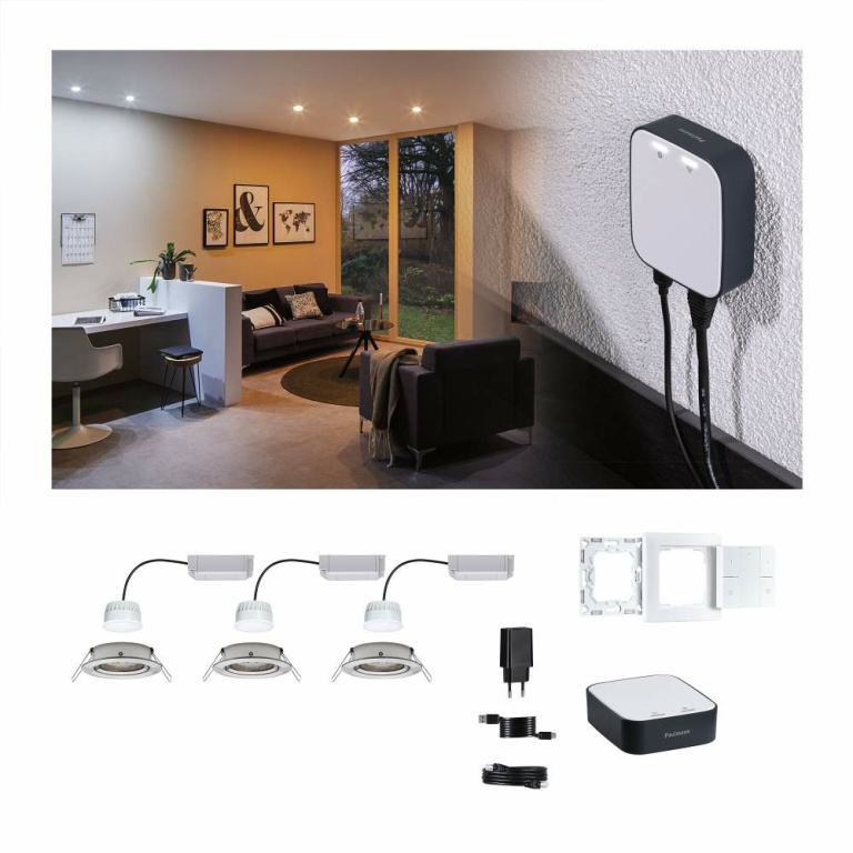 Paulmann Bundle Smart Home smik Gateway mit Wandtaster + LED Einbauleuchte Nova Plus Coin Basisset schwenkbar RGBW