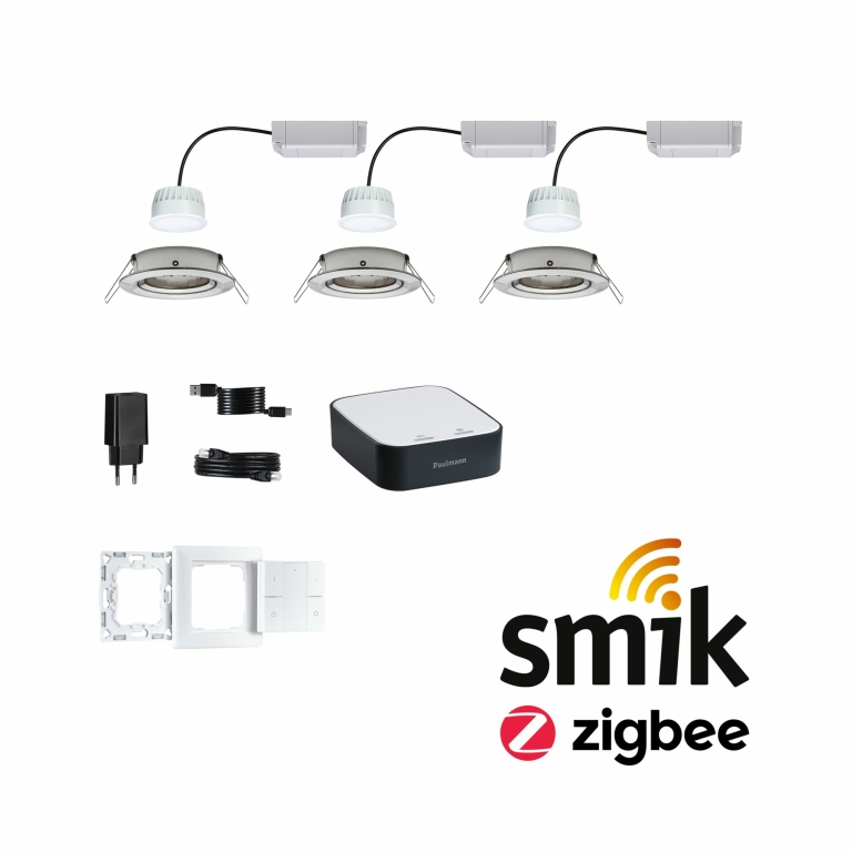 Paulmann Zigbee Einbaustrahler Starterset smik Gateway mit Wandtaster + 3er Set Einbauleuchte Nova Plus Coin RGBW