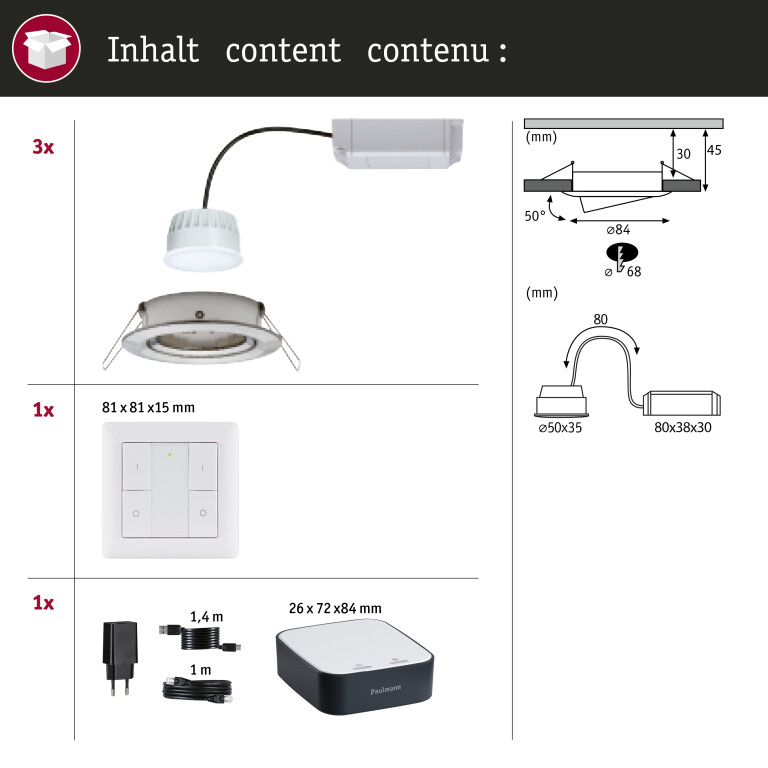 Paulmann Zigbee Einbaustrahler Starterset smik Gateway mit Wandtaster + 3er Set Einbauleuchte Nova Plus Coin RGBW