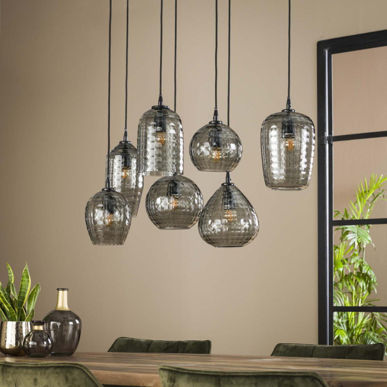 famlights famlights | Pendelleuchte Liana in Schwarz-transparent E27 7-flammig