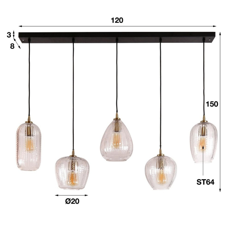 famlights famlights | Pendelleuchte Nael in Transparent und Schwarz-matt E27 5-flammig