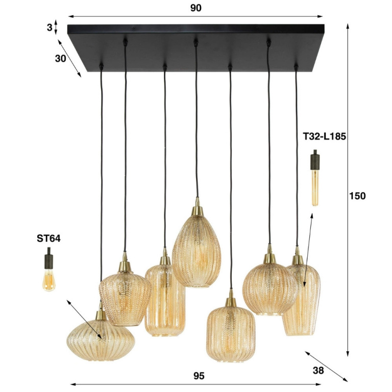 famlights famlights | Pendelleuchte Ada in Bernstein und Schwarz E27 7-flammig