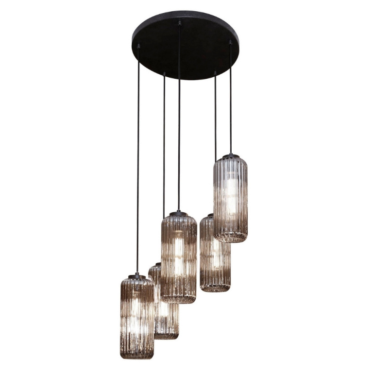 famlights famlights | Pendelleuchte Dolf in Altsilber und Transparent E27 5-flammig