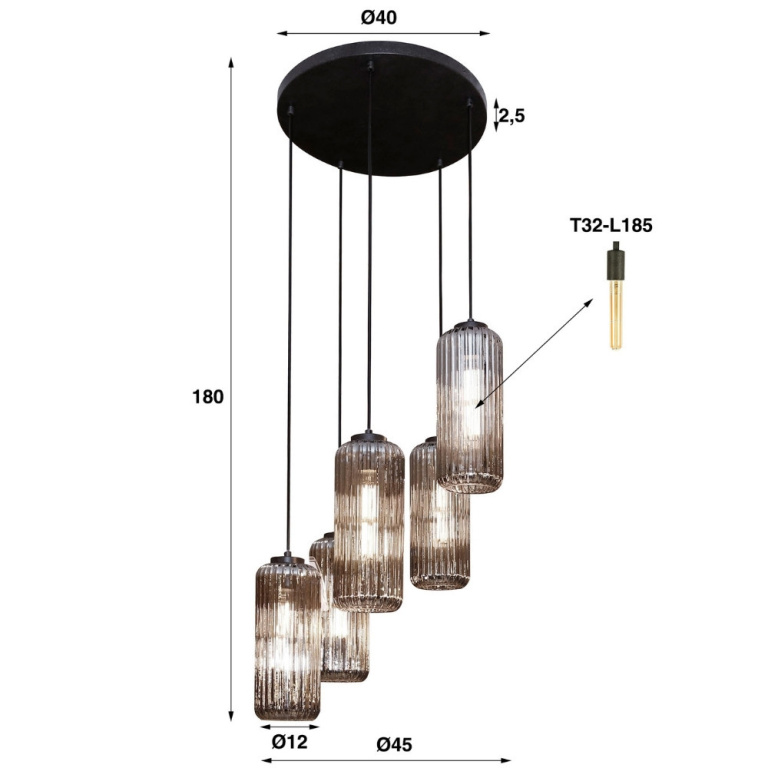 famlights famlights | Pendelleuchte Dolf in Altsilber und Transparent E27 5-flammig