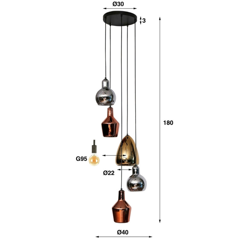 famlights famlights | Pendelleuchte Davut in Mehrfarbig und Altsilber E27 5-flammig