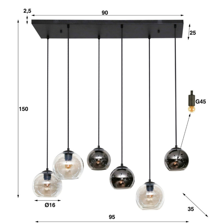 famlights famlights | Pendelleuchte Iara in Altsilber und Transparent E27 6-flammig