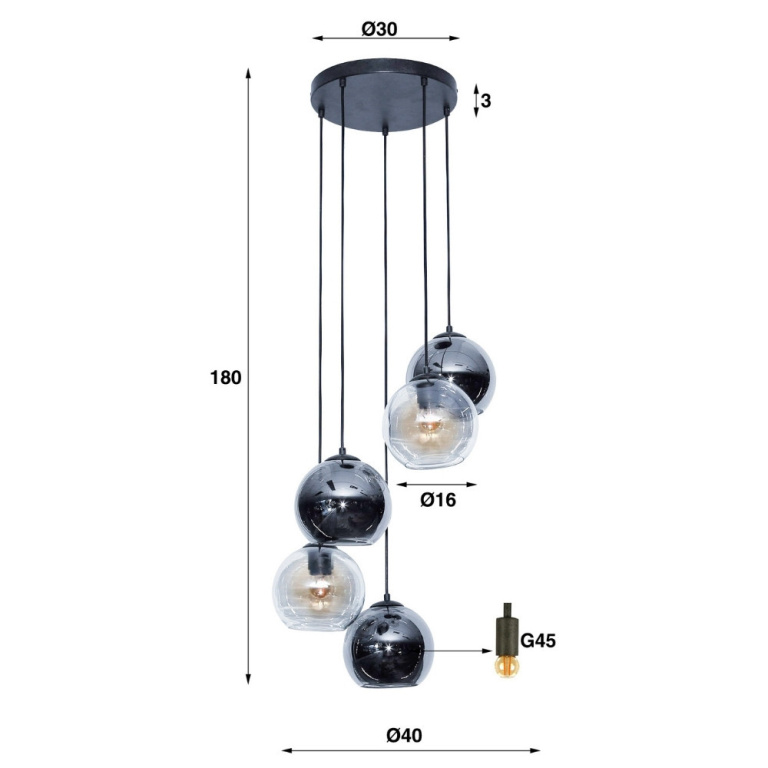 famlights famlights | Pendelleuchte Iara in Altsilber und Transparent E27 5-flammig