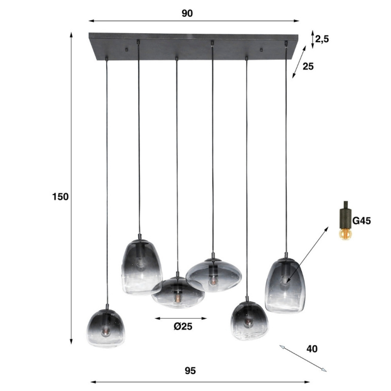 famlights famlights | Pendelleuchte Kyra in Altsilber und Rauchglas E27 6-flammig