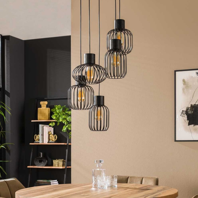 famlights famlights | Pendelleuchte Nika in Anthrazit und Altsilber E27 5-flammig