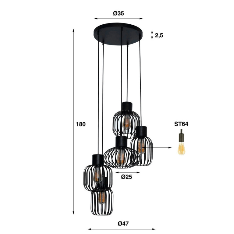 famlights famlights | Pendelleuchte Nika in Anthrazit und Altsilber E27 5-flammig