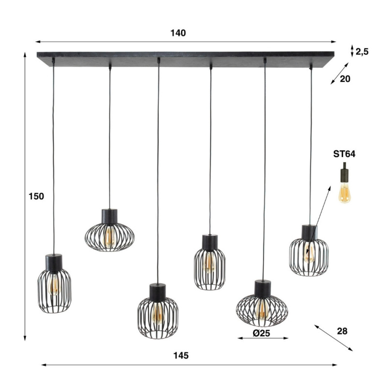 famlights famlights | Pendelleuchte Nika in Anthrazit und Altsilber E27 6-flammig