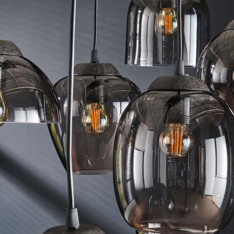 famlights famlights | Pendelleuchte Orlando in Altsilber und Rauchglas E27 7-flammig