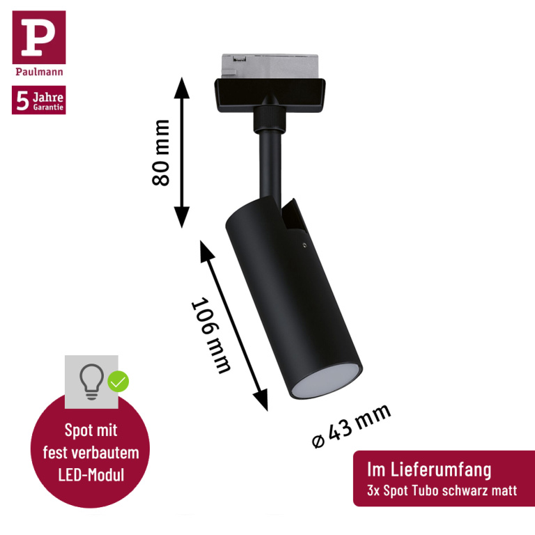 Paulmann URail LED Schienensystem Basis-Set Tubo Schwarz matt + 3 LED-Spots