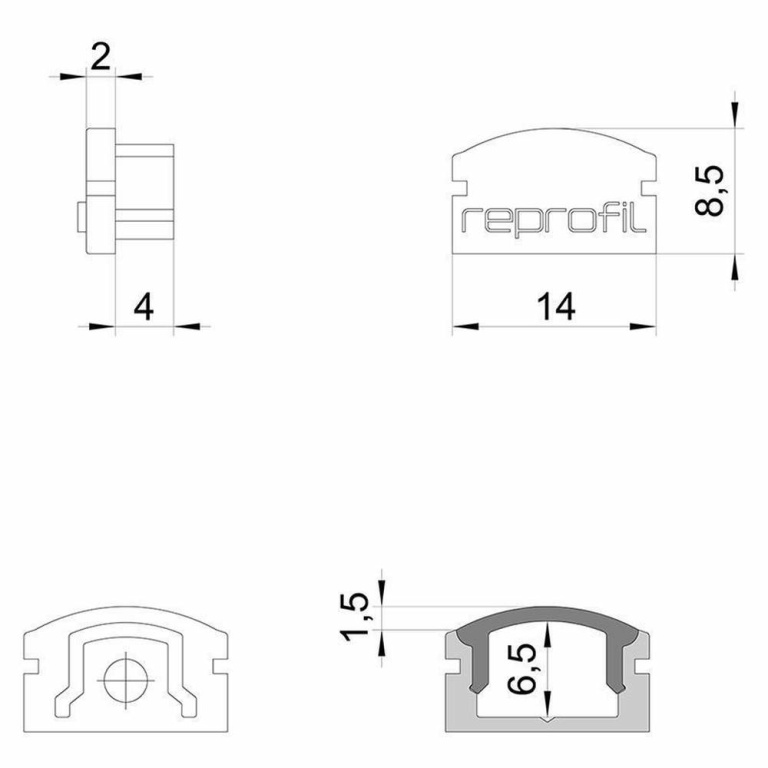 Deko-Light Profil Endkappe, Endkappe F-AU-01-08 Set 2 Stk, Kunststoff, Grau, Tiefe: 14 mm, Breite: 6 mm, Höhe: