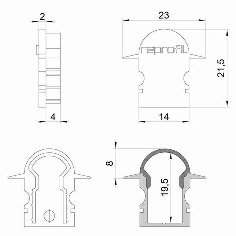 Deko-Light Profil Endkappe, Endkappe R-ET-02-08 Set 2 Stk, Kunststoff, Grau, Tiefe: 23 mm, Breite: 6 mm, Höhe: