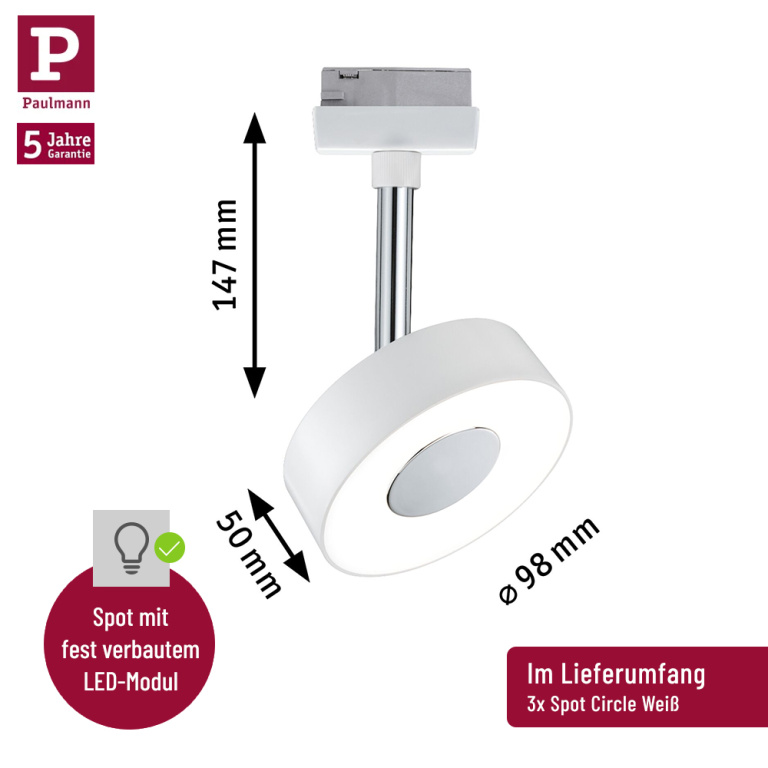 Paulmann URail Schienensystem Basis-Set Circle Weiß + 3 Spots + 2m Stromschiene