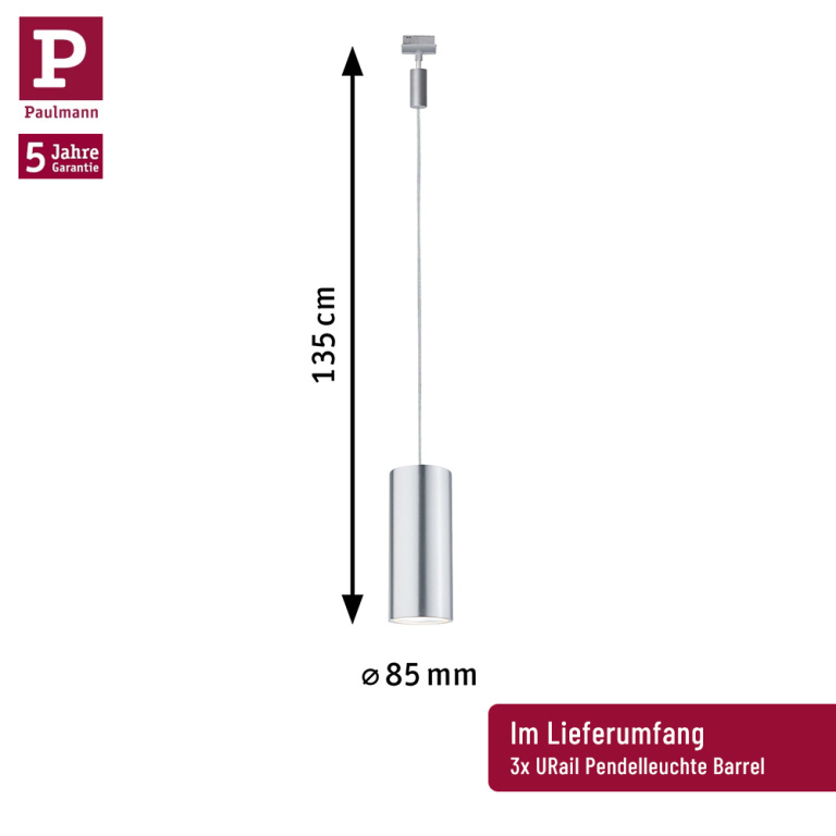 Paulmann URail Schienensystem Set Barrel Chrom matt + 3x Pendelleuchte + 1m Stromschiene