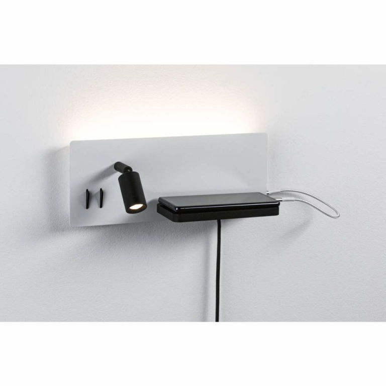 Paulmann LED Wandleuchte Leselampe Serra Weiß/Schwarz matt dimmbar mit USB-C Anschluss und schwenkbarem Leuchtenkopf 2700K Ablage Euroflachstecker