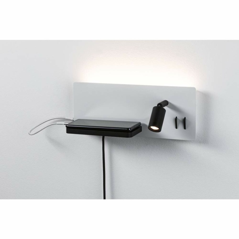 Paulmann LED Wandleuchte Bett-Leseleuchte Serra Weiß/Schwarz matt dimmbar mit USB-C Anschluss und flexiblem Leuchtenkopf 2700K Ablage Euroflachstecker