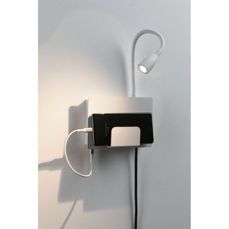 Paulmann LED Wandleseleuchte Halina Weiß matt mit USB-C Ladebuchse und Schwanenhals 2700K 200lm 2,4W