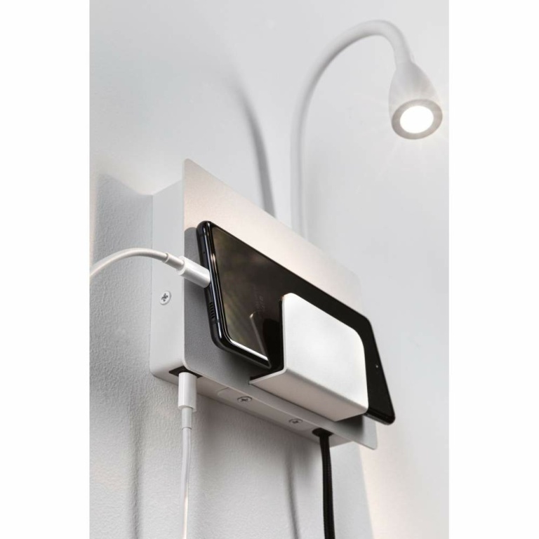 Paulmann LED Wandleseleuchte Halina Weiß matt mit USB-C Ladebuchse und Schwanenhals 2700K 200lm 2,4W